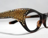 Vintage Cat Eye Glasses. Beautiful Tortoise with Rhinestones and Gold Snakeskin Designs