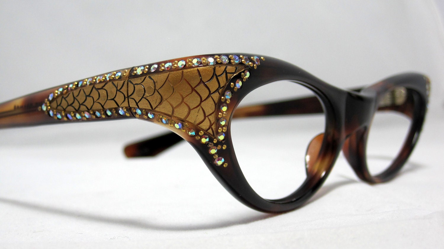 Vintage Cat Eye Glasses. Beautiful Tortoise with Rhinestones and Gold Snakeskin Designs