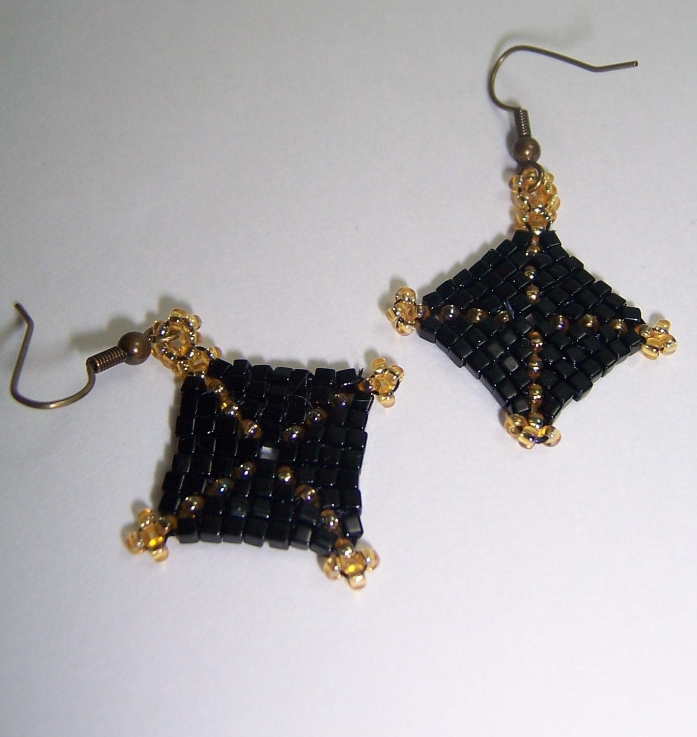 Hand Beaded God's Eye Square Earrings (Black and Yellow Glass)