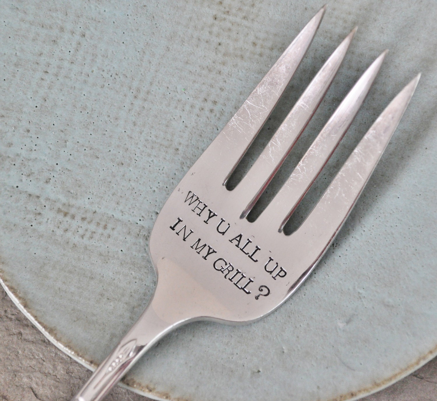 Why U All Up In My Grill (TM) - Large Hand Stamped Grilling/Serving Fork For Dad this Father's Day - Humourous