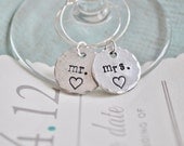 MR. & MRS. Hand Stamped Pewter Champagne Glass Charms for your Wedding Toast
