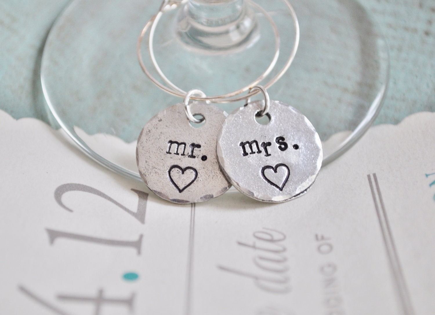 MR. & MRS. Hand Stamped Pewter Champagne Glass Charms for your Wedding Toast