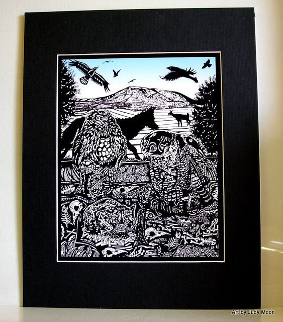 Pen and ink, nature, wildlife - "Mary's Peak Wilderness" - 8" x 10" print with 11" x 14" black mat