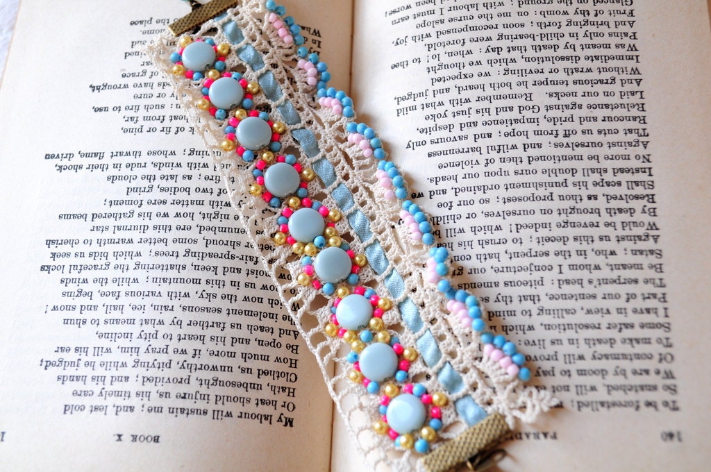 robin eggs.. handmade Vintage lace bracelet with blue beads,ribbon and more