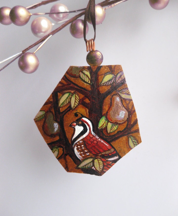 Partridge in pear  tree OOAK hand painted gourd pendant