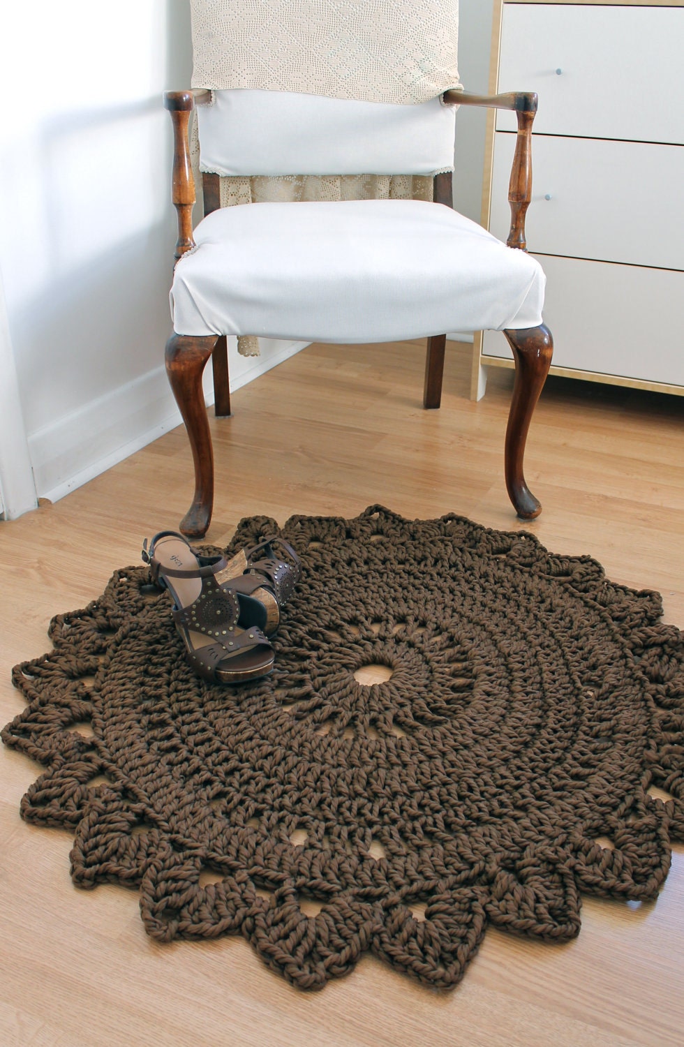 ROUND BEDROOM RUG Handmade Crochet Nylon Chocolate Brown Home Decor