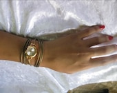 Handmade Alfresco Style Gold Bracelet Watch with a unique bronze real leather band with a lovely pattern WORLDWIDE FREE SHIPPING