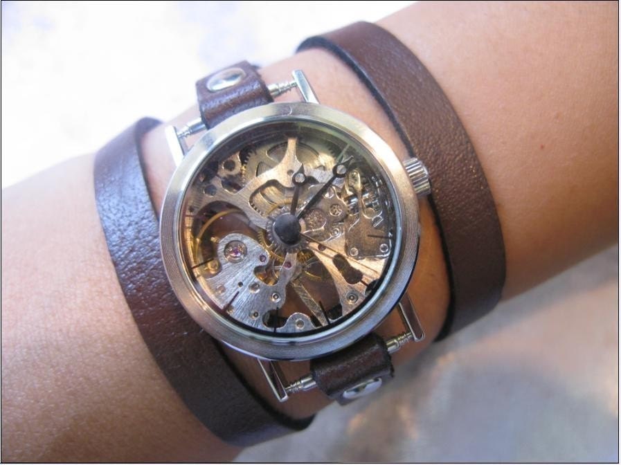Leather Wrap Watch Handmade Retro Steampunk Skeleton Watch Unisex Steampunk Mechanical Bracelet Watch with a skeleton pattern FREE SHIP