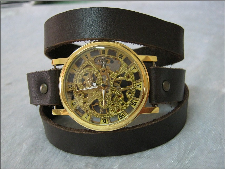 Leather Watch Skeleton Steampunk Watch Leather Wrap Watch brown leather Mechanical Gold Bracelet leather Watch with Roman Numbers FREE SHIP