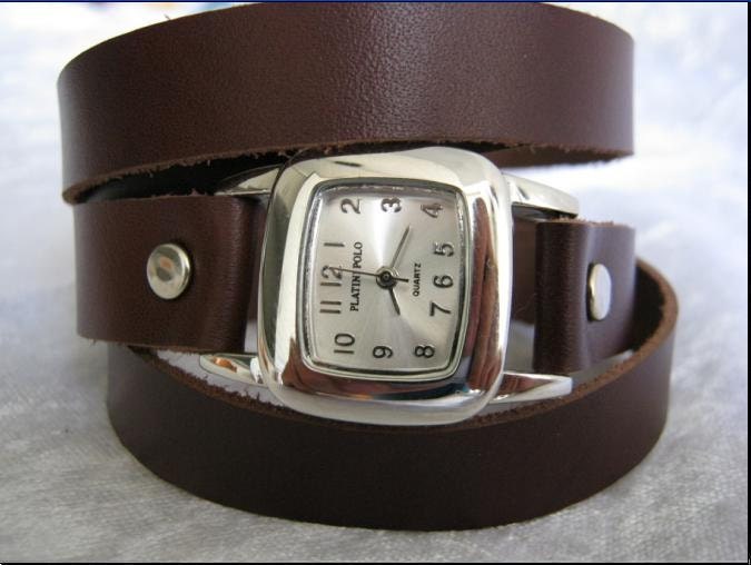 Handmade multi leather silver Wrap square Watch Bracelet Watch with a Brown Real Leather band with a unique pattern WORLDWIDE FREE SHIPPING