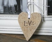 Lace Overlay Ceramic LOVE Heart - Looped White Satin Ribbon
