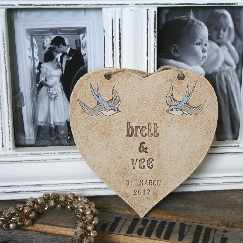 True Love - Personalised Ceramic Wedding Heart with Sparrows
