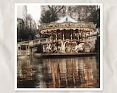 Paris carousel photography, 5x5 art print, merry-go-around, Paris photography, carnival decor, sepia, rain, lights, french home decor