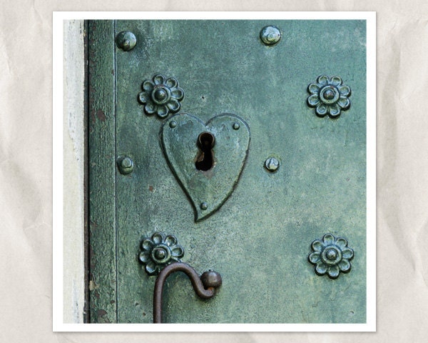 metal doors heart lock photography, 8x8 print, teal, flower, floral, handle, keyhole, architecture detail, abstract, ironwork, green, cyan - bialakura