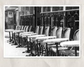 Paris photography, bistro chairs, street view, 8x12 print, black, white, gray, street life, urban, sunny morning, retro, french home decor