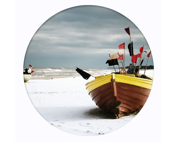 red fishing boat, seaside landscape photography, 8x10 art print, beach, winter coast, bathroom decor, circle, blue, red