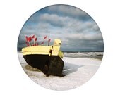 boat with flags, landscape photography, seascape, 8x10 art print, coast, ocean, storm, bathroom decor, mandala, blue, black, yellow
