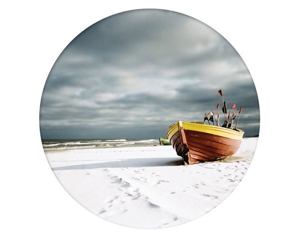 waiting at the beach, circle landscape photography, seaside, 8x10 art print, boat, sea, coast, bathroom decor, mandala, blue, red, yellow