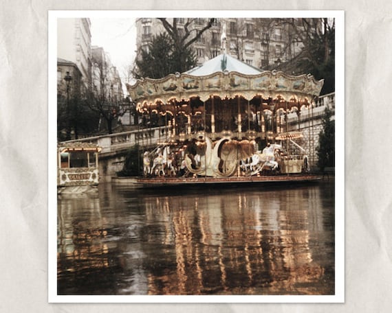 Paris carousel photography, 5x5 art print, merry-go-around, Paris photography, carnival decor, sepia, rain, lights, french home decor
