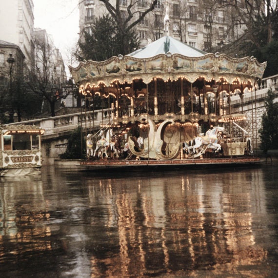 Paris carousel photography, 5x5 art print, merry-go-around, Paris photography, carnival decor, sepia, rain, lights, french home decor