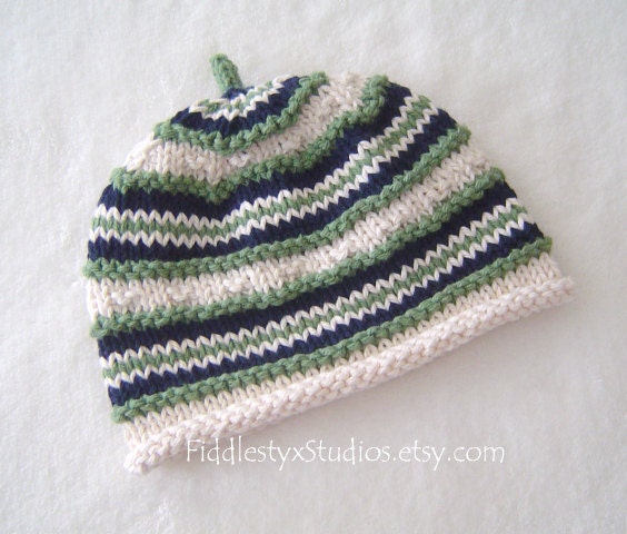 Nautical Baby Boy Hat - Hand Knit Boy Hat - Navy Blue Green Stripe Hat (Newborn, Infant, Toddler, Child sizes) Children Clothing Accessories