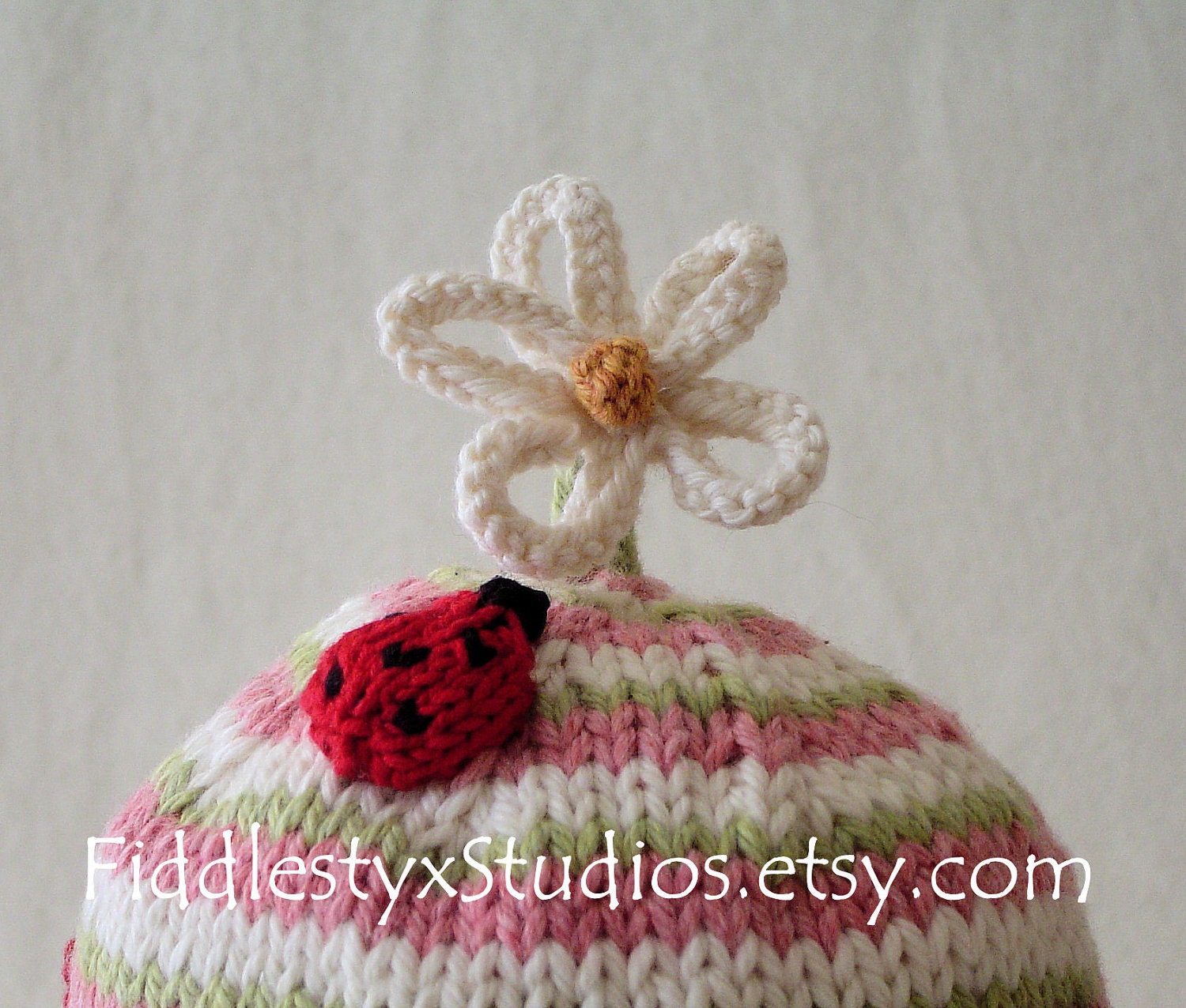 Baby Girl Hat Pink Ladybug Cap Newborn Photo Prop Eco Friendly Organic Cotton Hand Knitted Hat Children Clothing (custom sizes available)