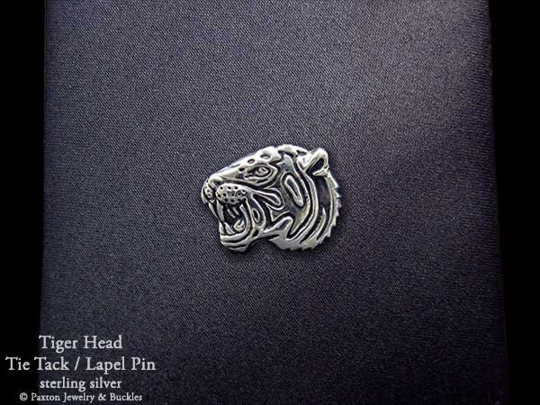 Tiger Head Tie Tack / Lapel Pin Sterling Silver