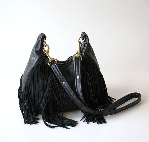 SALE Fringe Leather Bag - OPELLE Nautilus Bag - Soft Pebbled Leather w Fringe in Black