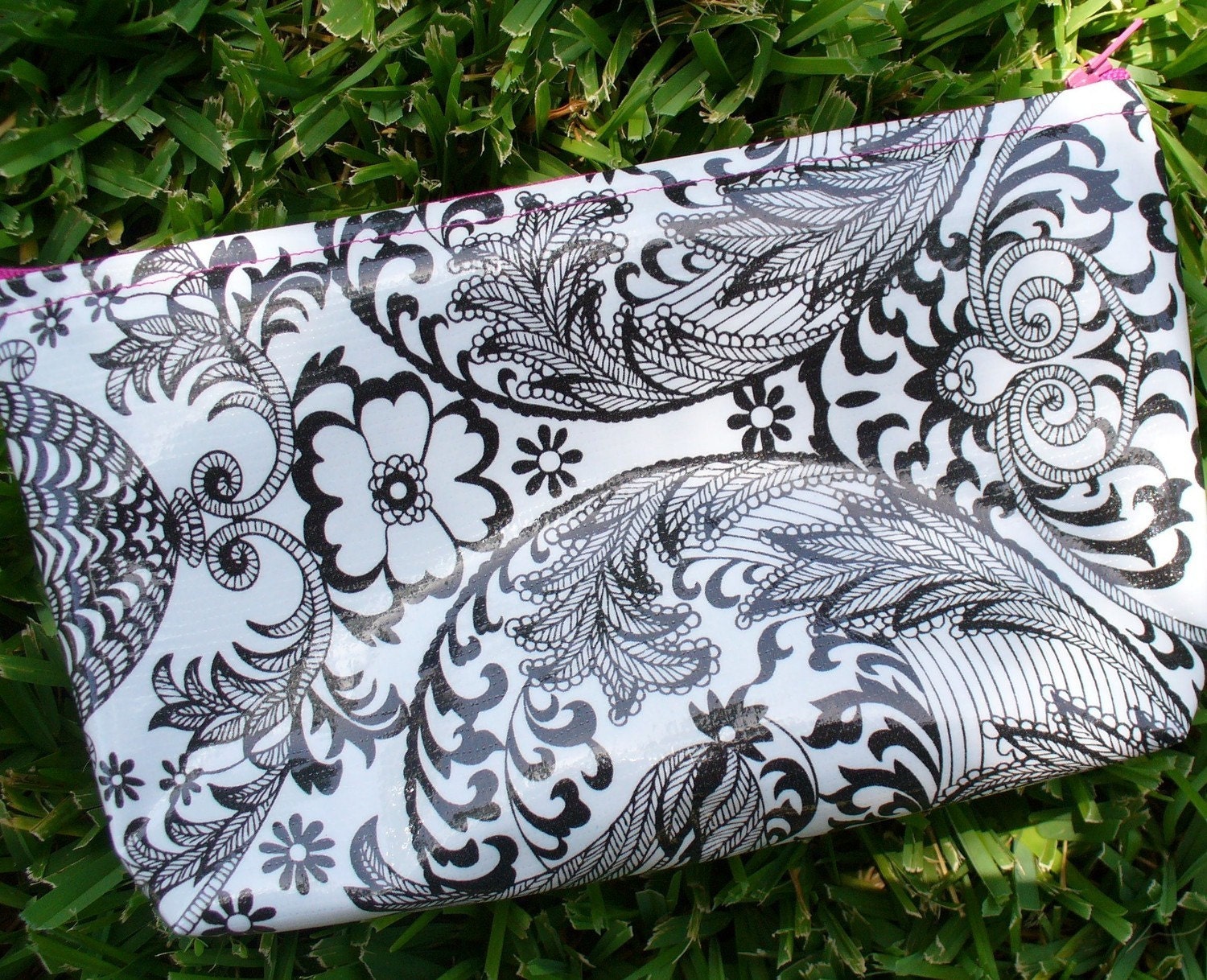 Oilcloth Pouch - Black and White Floral