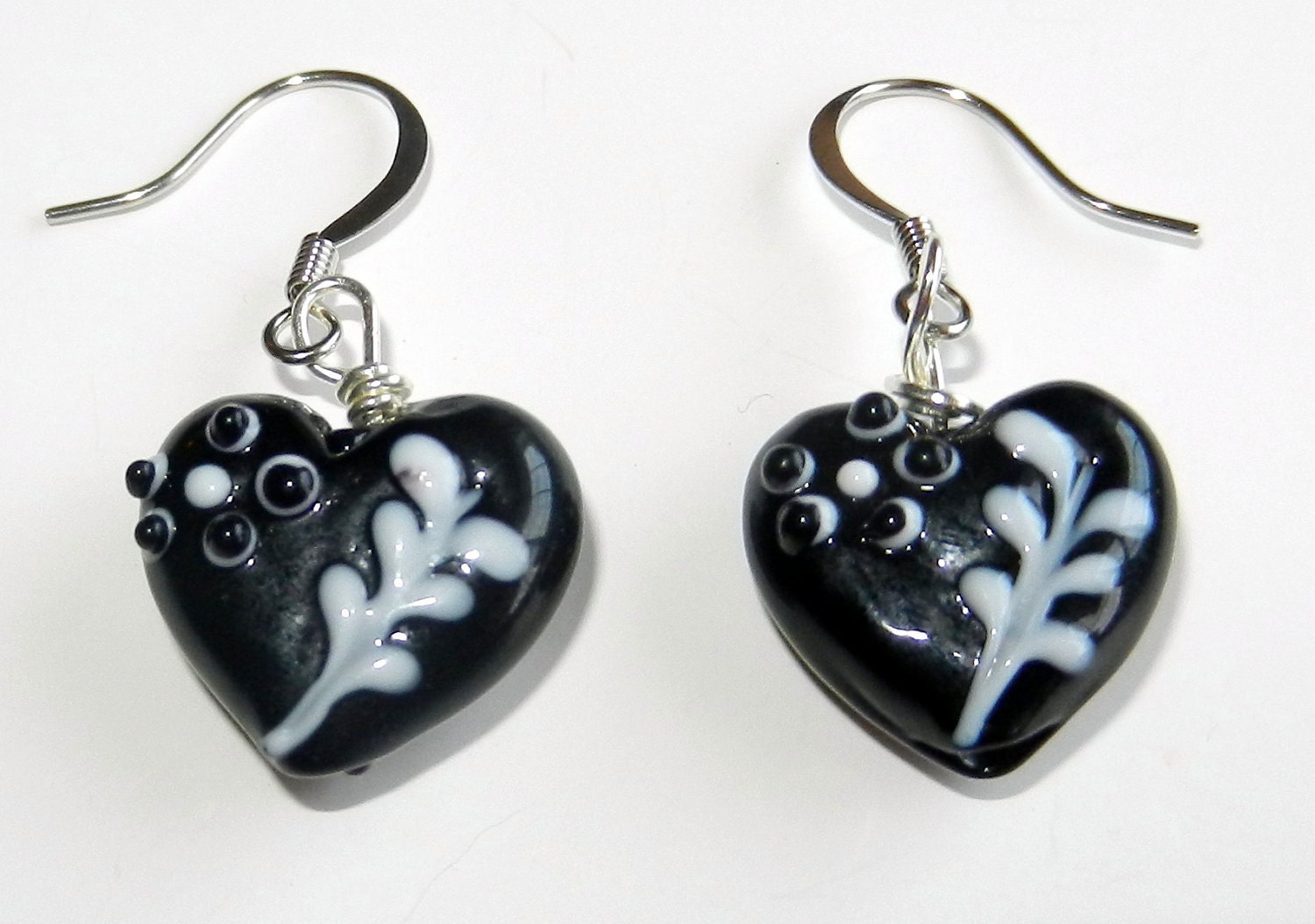 Black Heart Lampwork Beads with White Detail Earrings - CloudNineDesignz