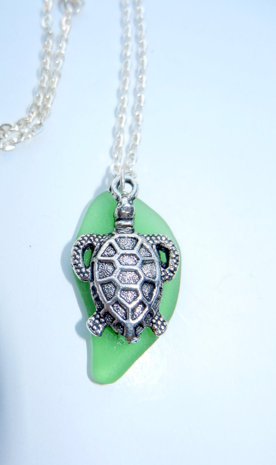 Green Sea Glass Necklace with Silver Turtle Charm