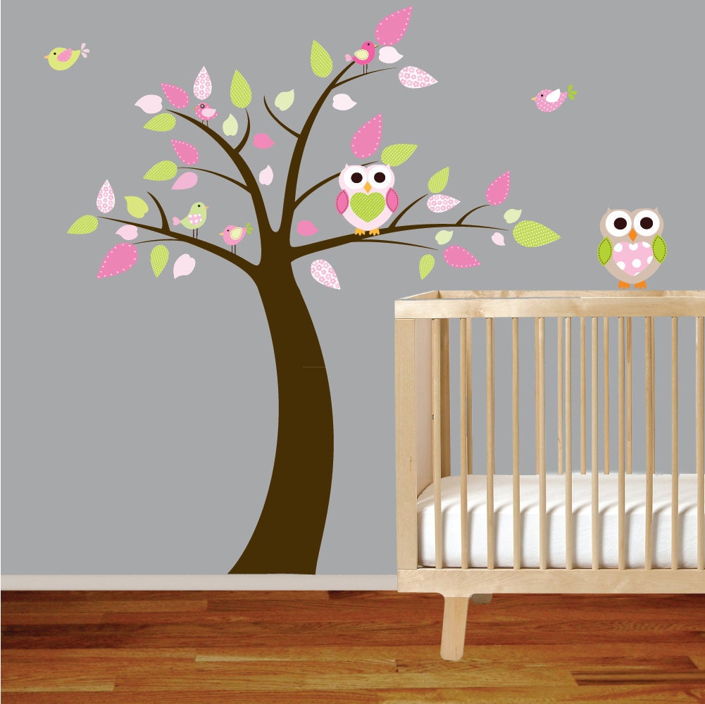 Girls Pattern Leaf Tree with Heart Owls Birds Vinyl Wall Nursery Decal