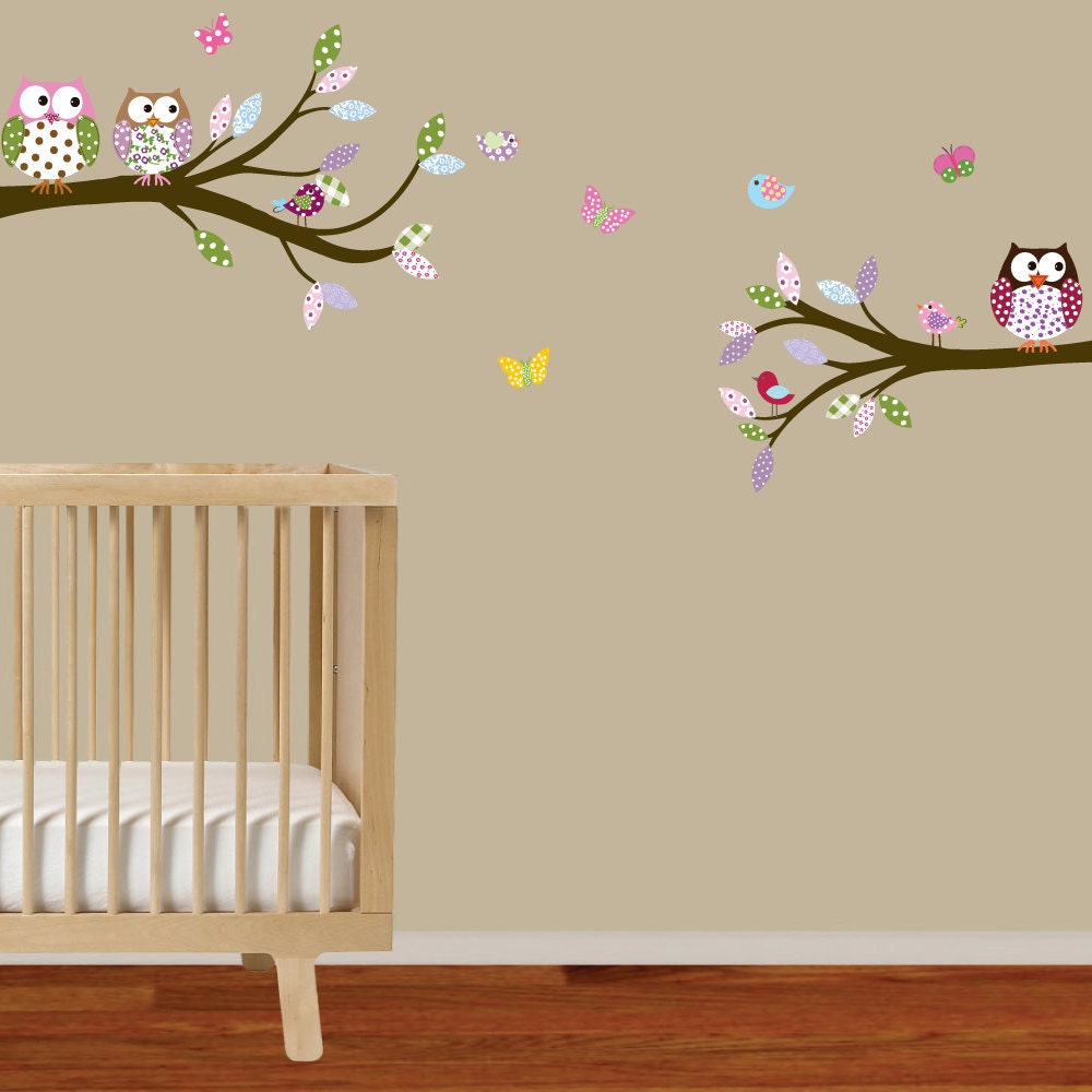Vinyl Wall Sticker Decal - Owls- Birds - Butterflies Branch Set