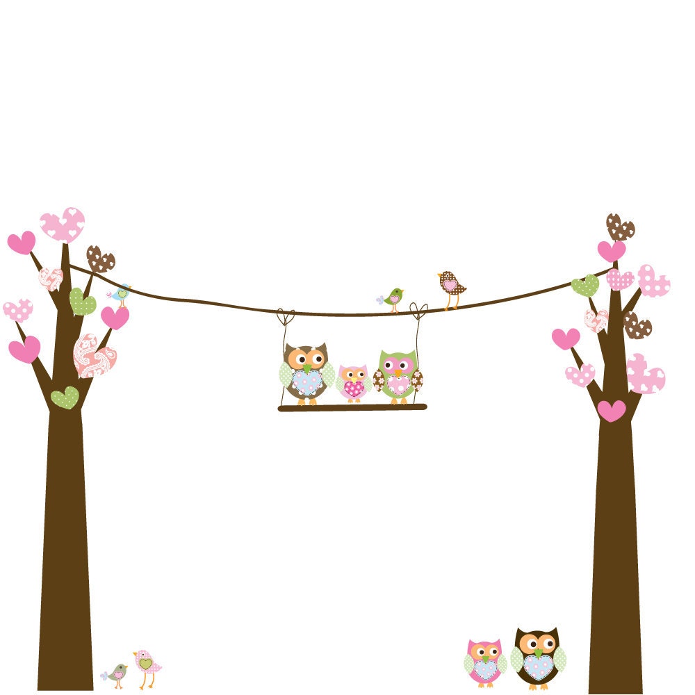 Custom Listing Heart Leaf Trees Owls on Swing Birds Vinyl Wall Decal