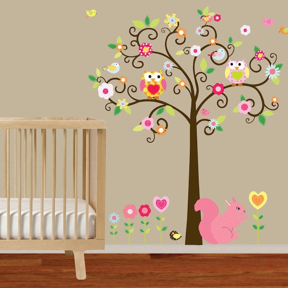 Swirl Flower Tree with Owls and Birds Baby Nursery Vinyl Wall Decal Swirl Tree