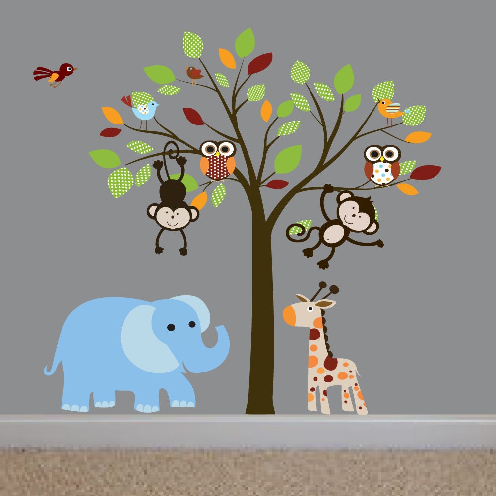 Jungle Safari Tree Monkeys Elephant Giraffe Vinyl Wall Art Decals Nursery Kids Boys