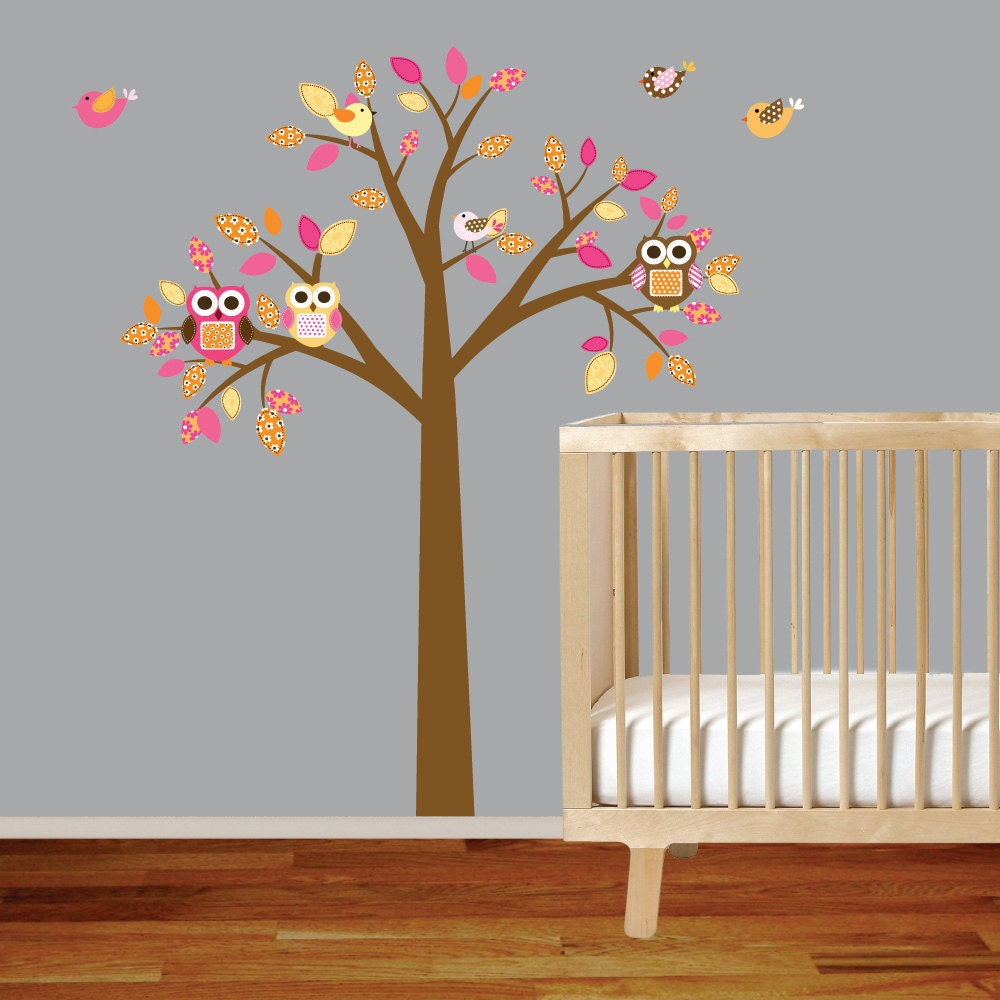 Nursery Tree with Owls and Birds Vinyl Wall Decal