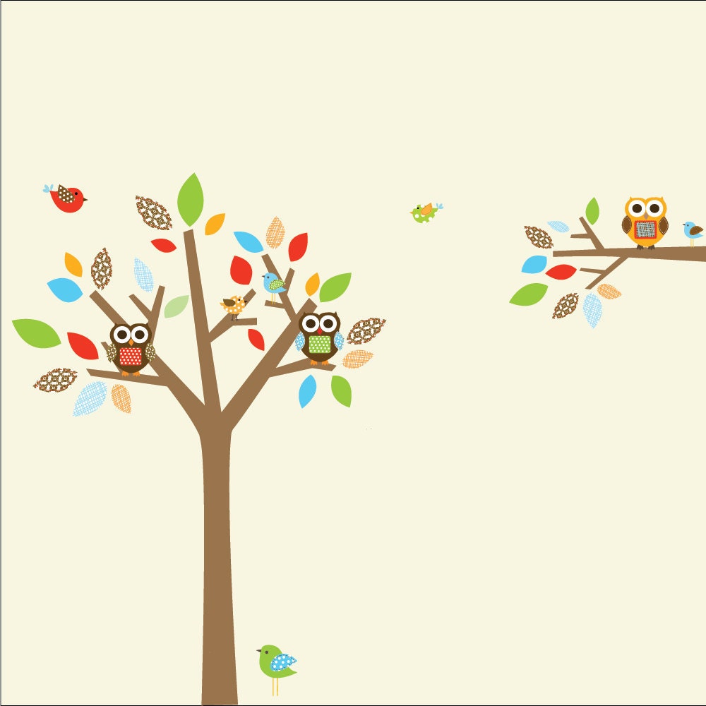Childrens Wall Decal Tree and Branch Vinyl Wall Nursery with Owls,Birds