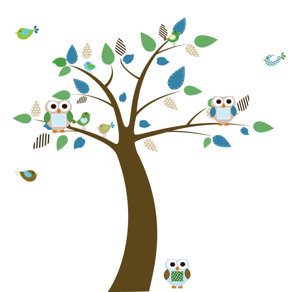 Nursery decal tree with owls birds boy children wall decal sticker