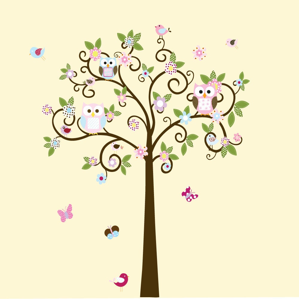 Custom Listing Swirl Flower Tree with Owls and Birds Baby Nursery Vinyl Wall Decal Swirl Tree