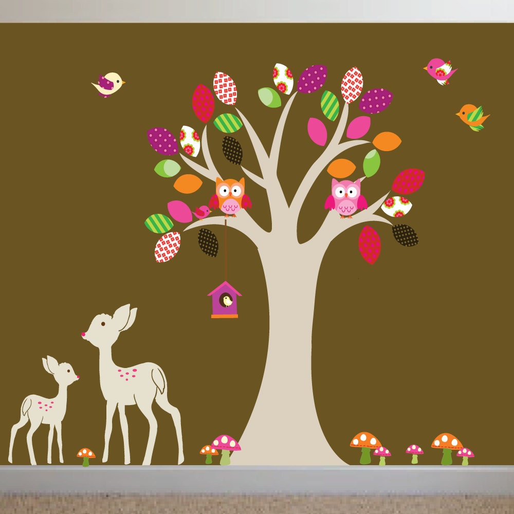 Vinyl Wall Decal tree with,owls,deer,birds,pattern leaves,nursery wall decal