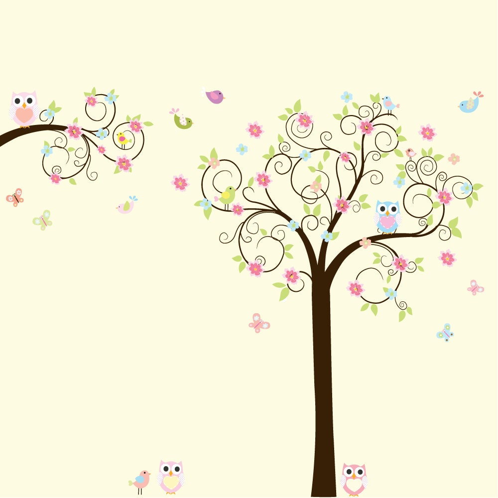Custom Listing Swirl Tree and branch set with leaves,flowers birds,owls vinyl wall decal sticker nursery girls