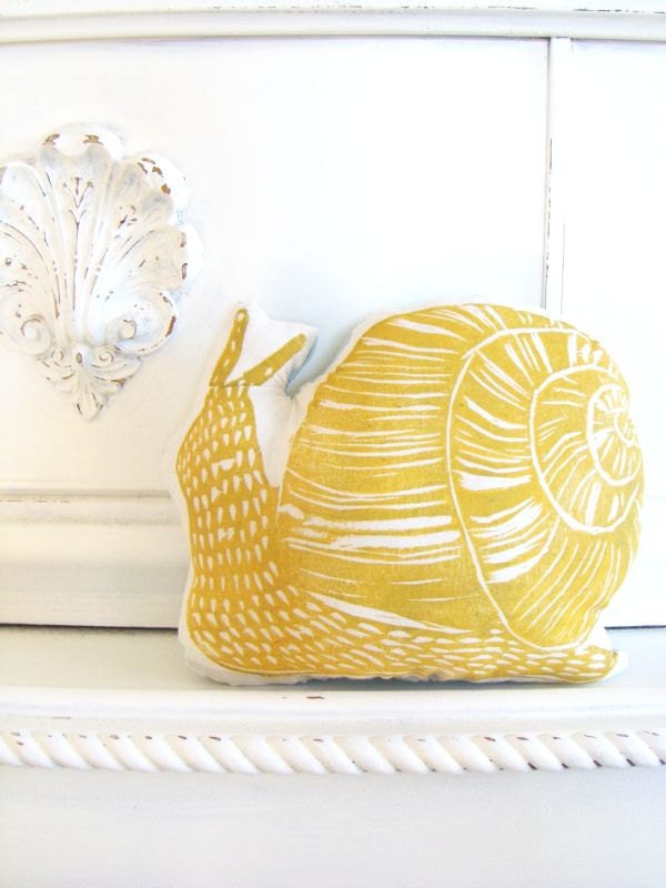 Plush Yellow Snail Pillow. Woodblock Printed. Customizable Colors. Made to Order.