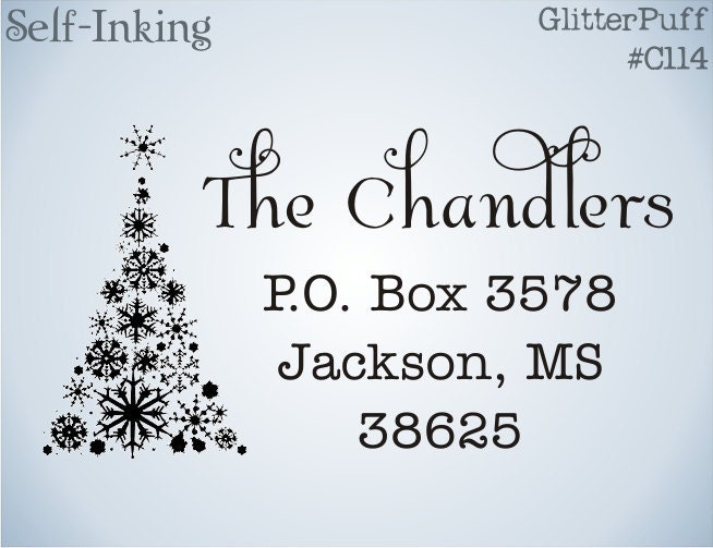 Beautiful Large Holiday Return Address Rubber Stamp Snowflakes Tree - Self-Inking Stamp for Christmas (C114)