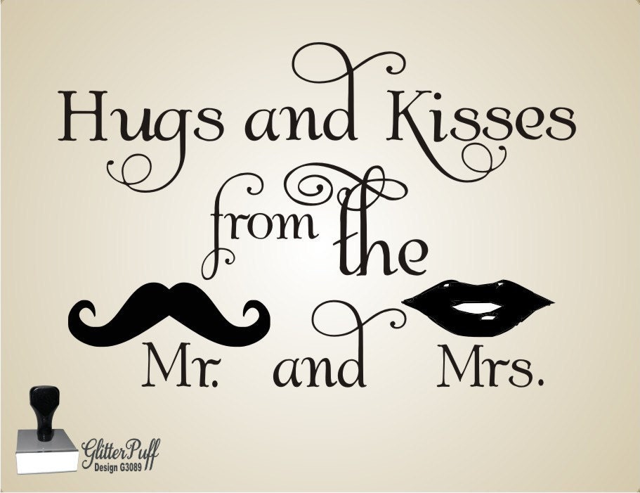 Wedding Rubber Stamp - Hugs Kisses Mr Mrs Mustache Lips - Candy Cookie Treat Bag -  STOCK Design (g3089) Mounted Clear Acrylic Handle