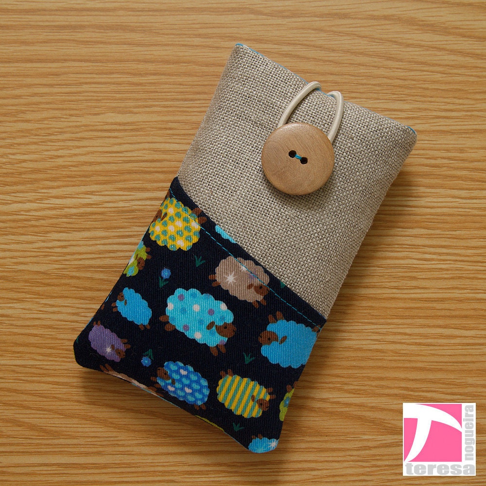 Fabric iPhone 5 case / iPhone 4 case / iPod sleeve / cell phone protector / cute sheep pattern over navy blue