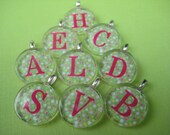 Glass Tile Pendant Initial Letter Green Pink Polka Dots with Silver Ball Chain Necklace