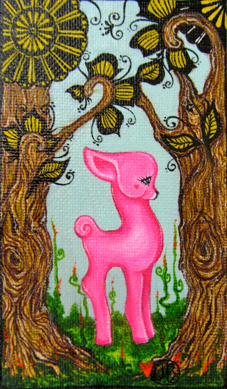 Pink Darling Baby Deer Original Art Painting and Hand Painted Stand
