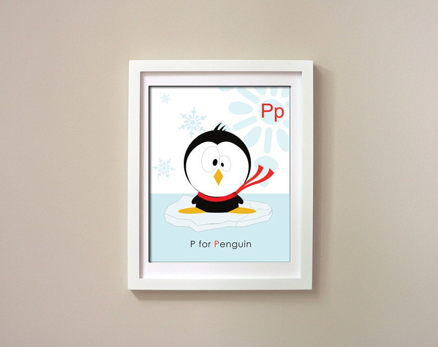 Printable Alphabet Art - P for Penguin - childrens room poster, baby room wall decor, and nursery print - personalized