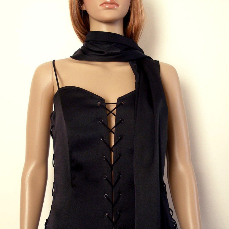 1980s Maxi Dress / 80s Evening Dress / BLACK Corset / Mermaid Fishtail Hem / ML
